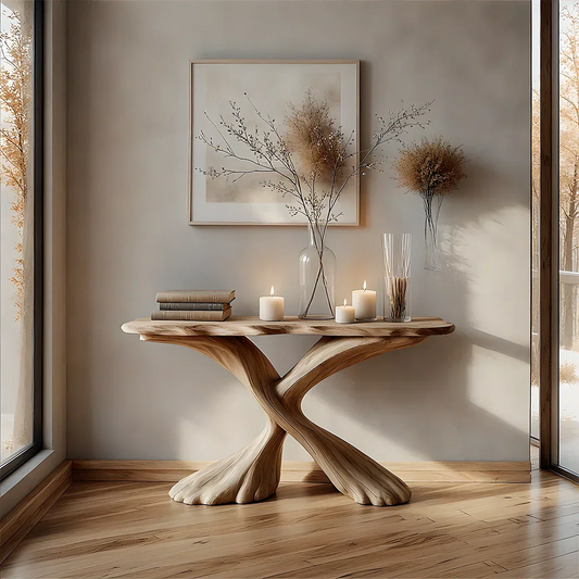 Handcrafted Solid Wood Twisted Sculptural Console – Japandi Art Form - Rustirawood