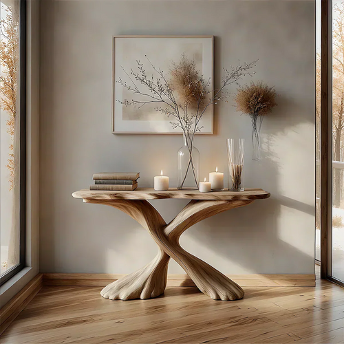Handcrafted Solid Wood Twisted Sculptural Console – Japandi Art Form - Woodenecho