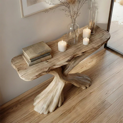 Handcrafted Solid Wood Twisted Sculptural Console – Japandi Art Form - Woodenecho