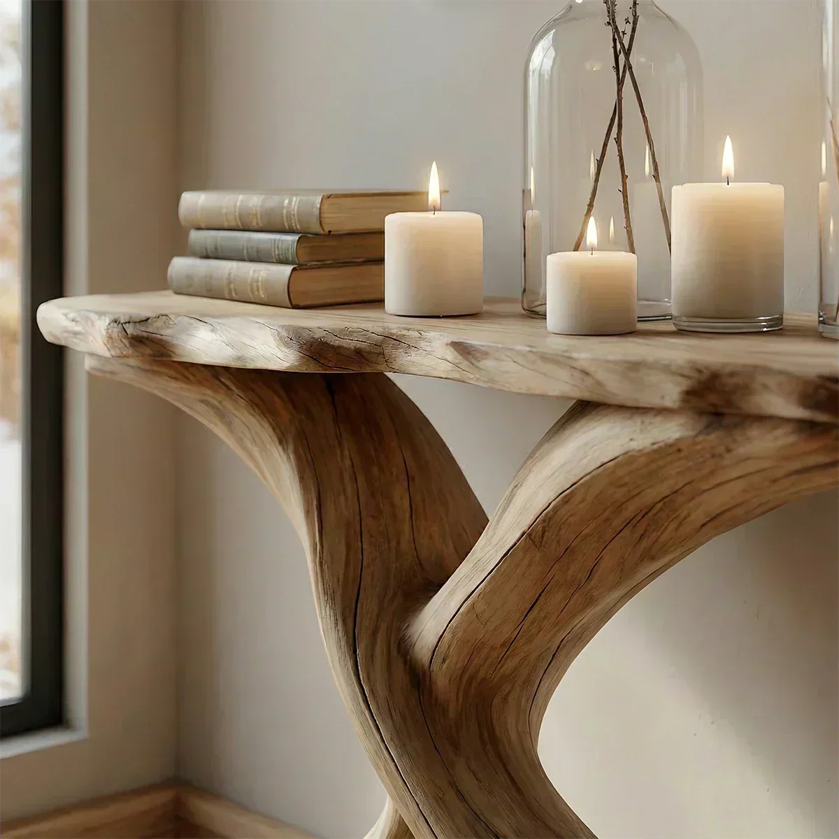 Handcrafted Solid Wood Twisted Sculptural Console – Japandi Art Form - Woodenecho