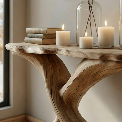 Handcrafted Solid Wood Twisted Sculptural Console – Japandi Art Form - Woodenecho