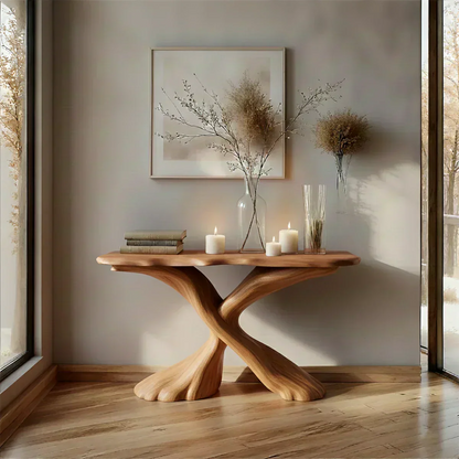 Handcrafted Solid Wood Twisted Sculptural Console – Japandi Art Form - Woodenecho