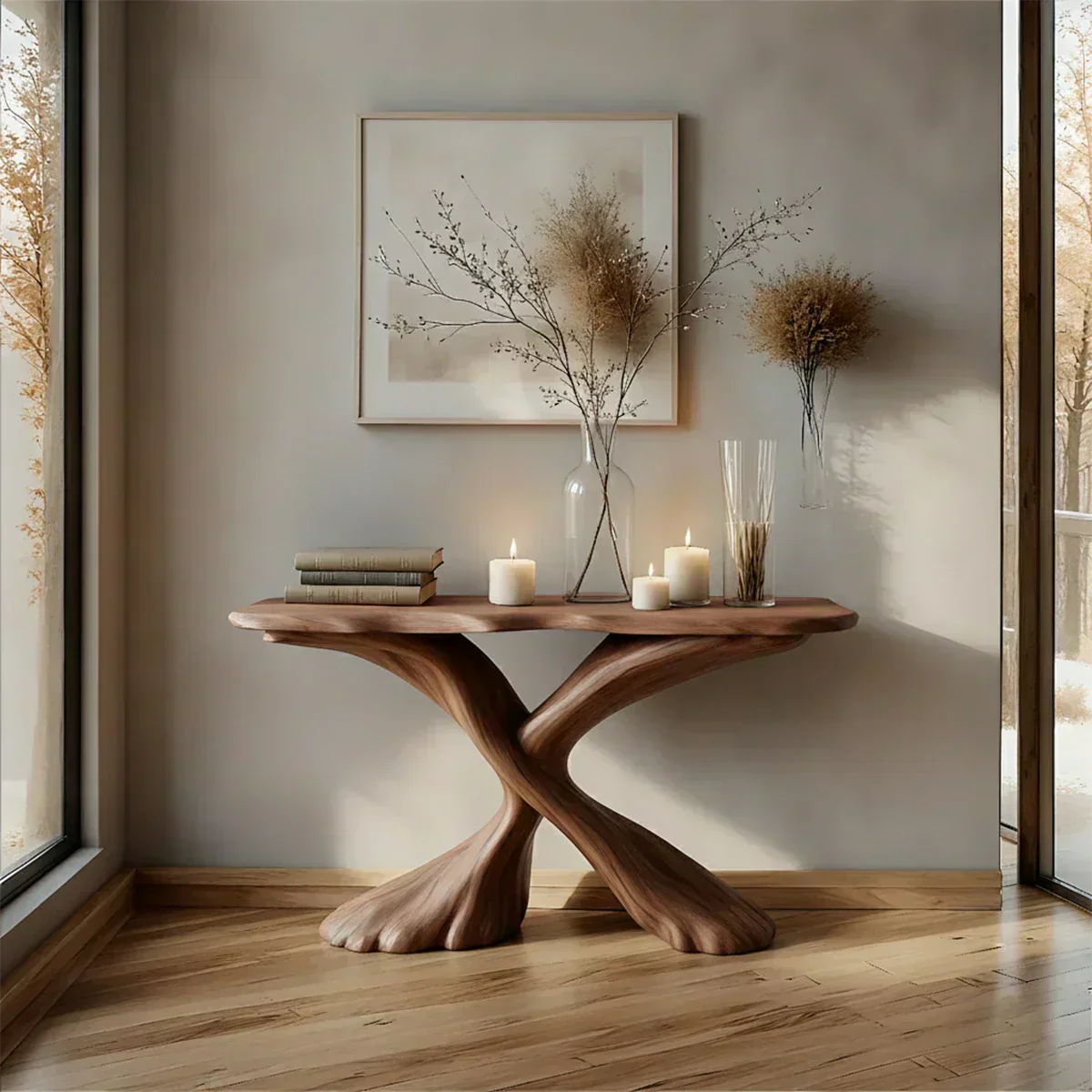 Handcrafted Solid Wood Twisted Sculptural Console – Japandi Art Form - Woodenecho