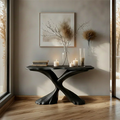 Handcrafted Solid Wood Twisted Sculptural Console – Japandi Art Form - Woodenecho