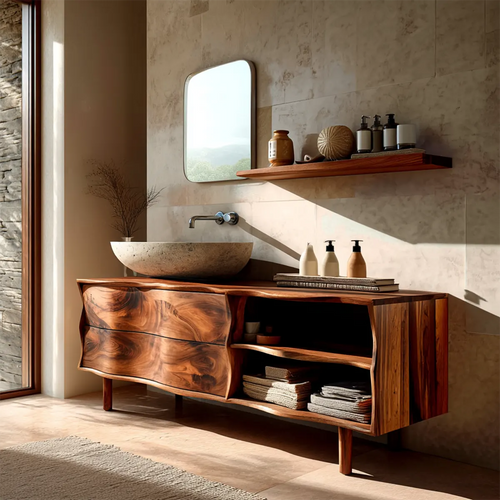 Handcrafted Traditional Bathroom Vanity Cabinet in Natural Solid Wood - Rustirawood