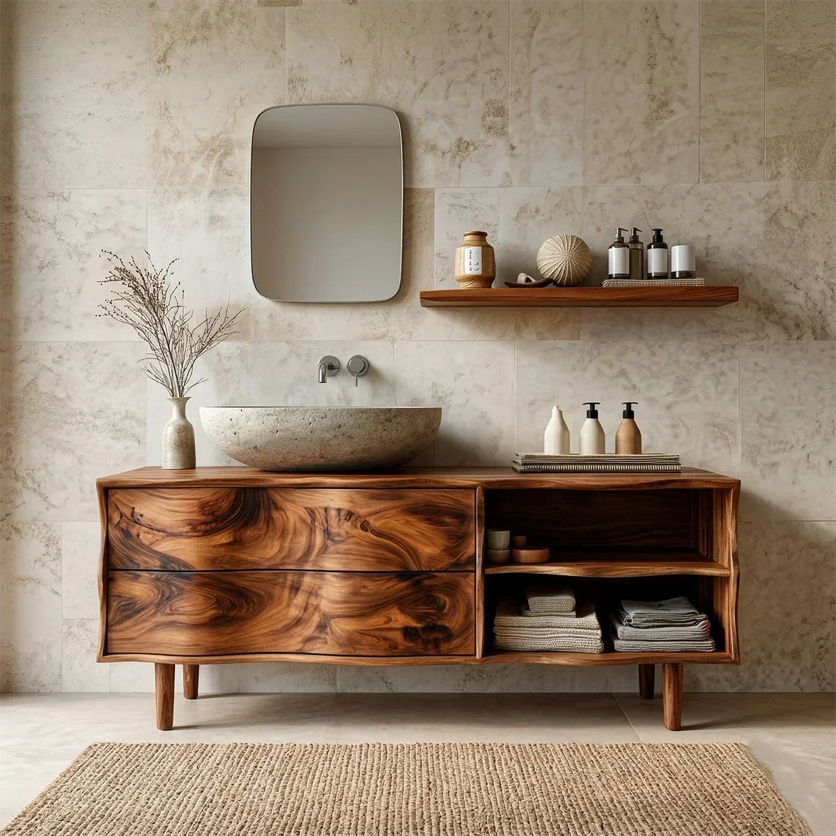 Handcrafted Traditional Bathroom Vanity Cabinet in Natural Solid Wood - Rustirawood
