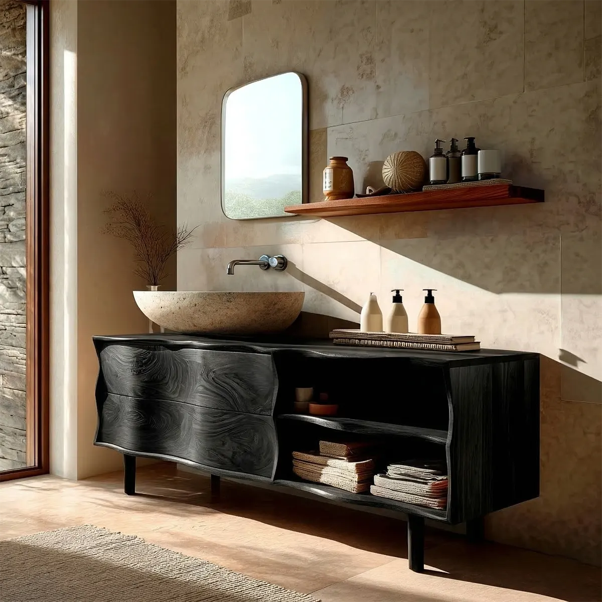 Handcrafted Traditional Bathroom Vanity Cabinet in Natural Solid Wood - Rustirawood