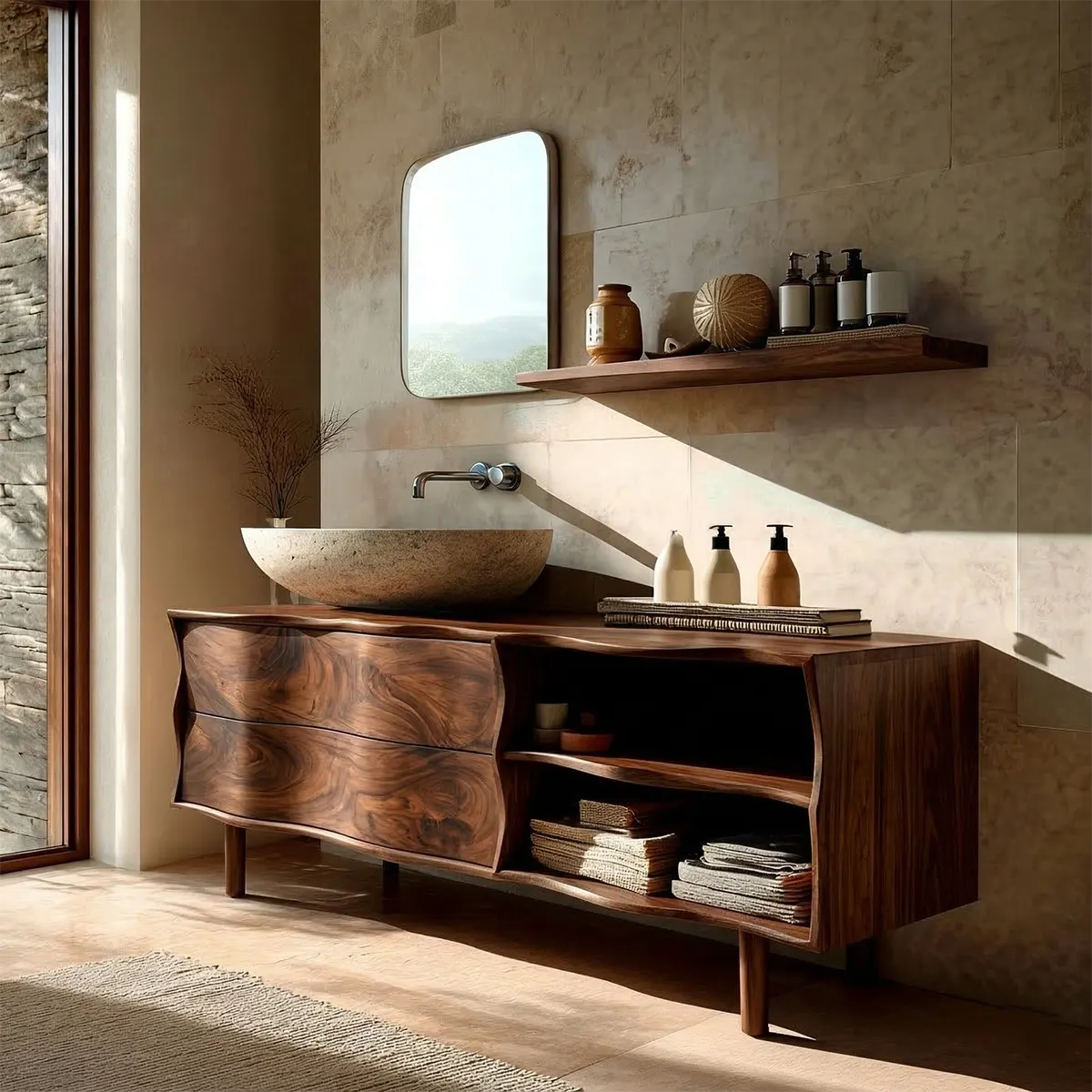 Handcrafted Traditional Bathroom Vanity Cabinet in Natural Solid Wood - Rustirawood