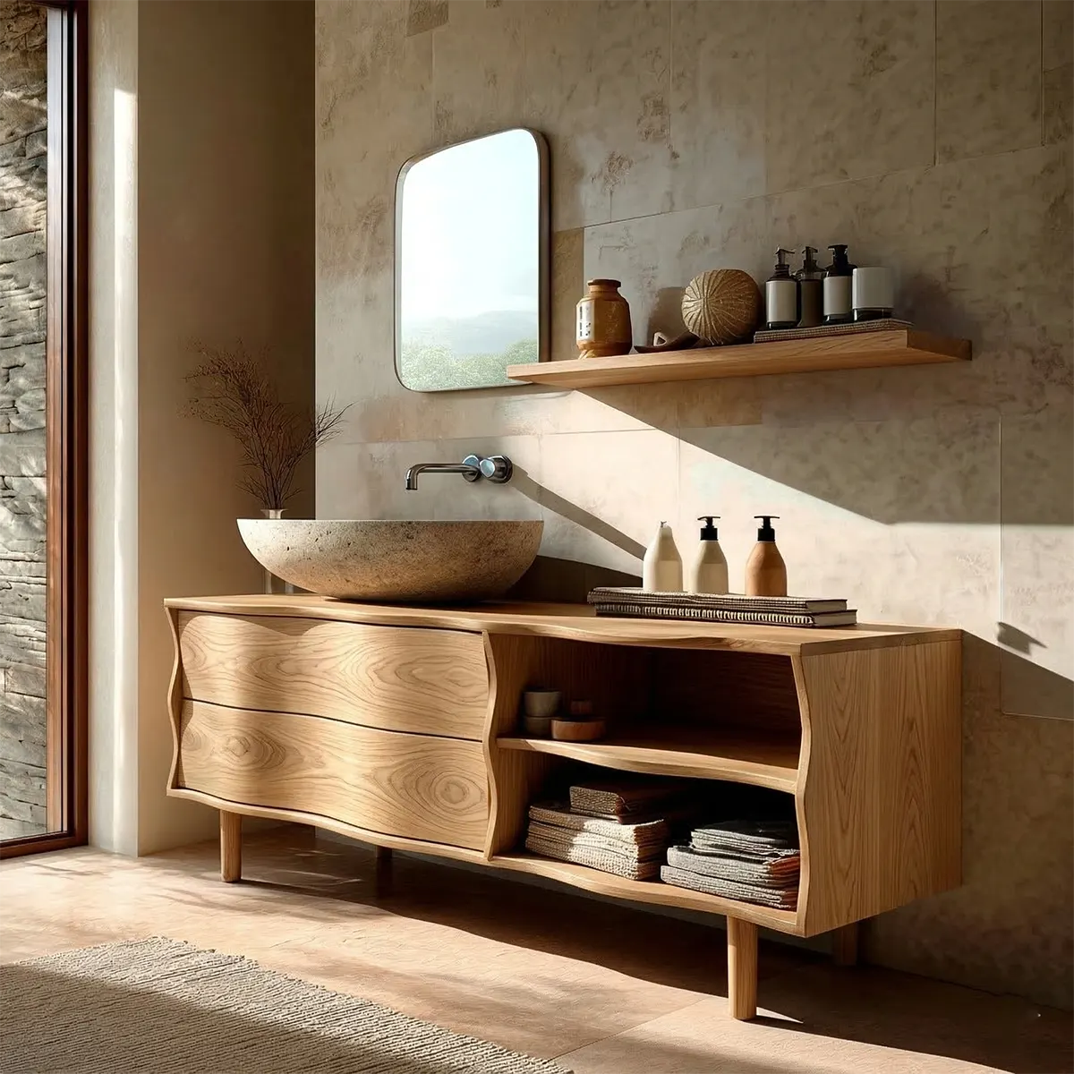 Handcrafted Traditional Bathroom Vanity Cabinet in Natural Solid Wood - Rustirawood