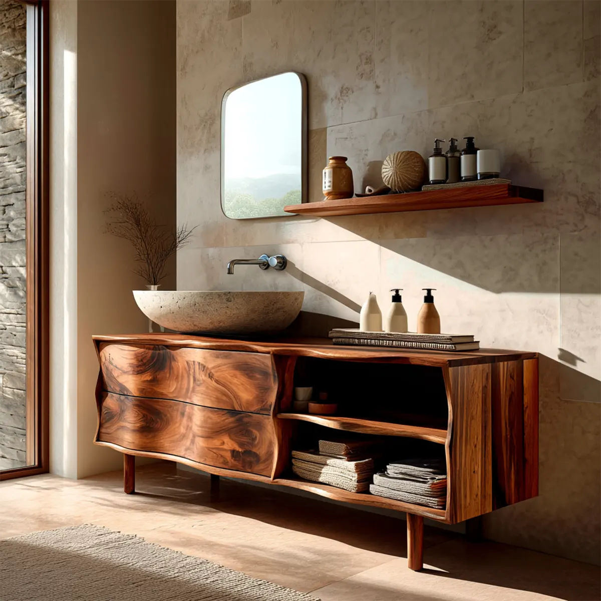 Handcrafted Traditional Bathroom Vanity Cabinet in Natural Solid Wood - Woodenecho