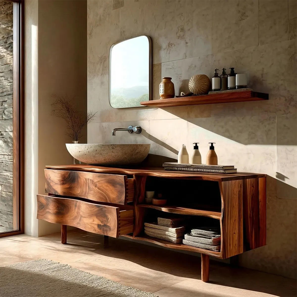 Handcrafted Traditional Bathroom Vanity Cabinet in Natural Solid Wood - Woodenecho