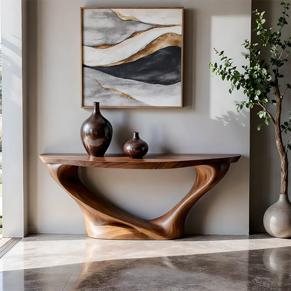 Harmony Arc Walnut Finish Console Table – Handcrafted Elegance - Rustirawood