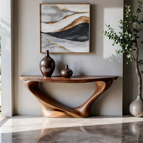 Harmony Arc Walnut Finish Console Table – Handcrafted Elegance - Rustirawood
