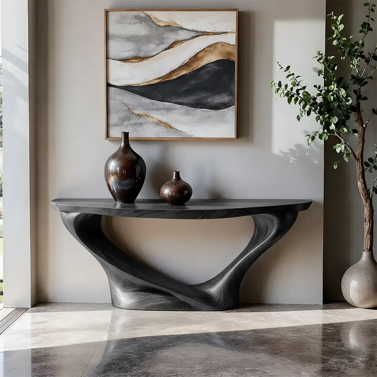 Harmony Arc Walnut Finish Console Table – Handcrafted Elegance - Rustirawood