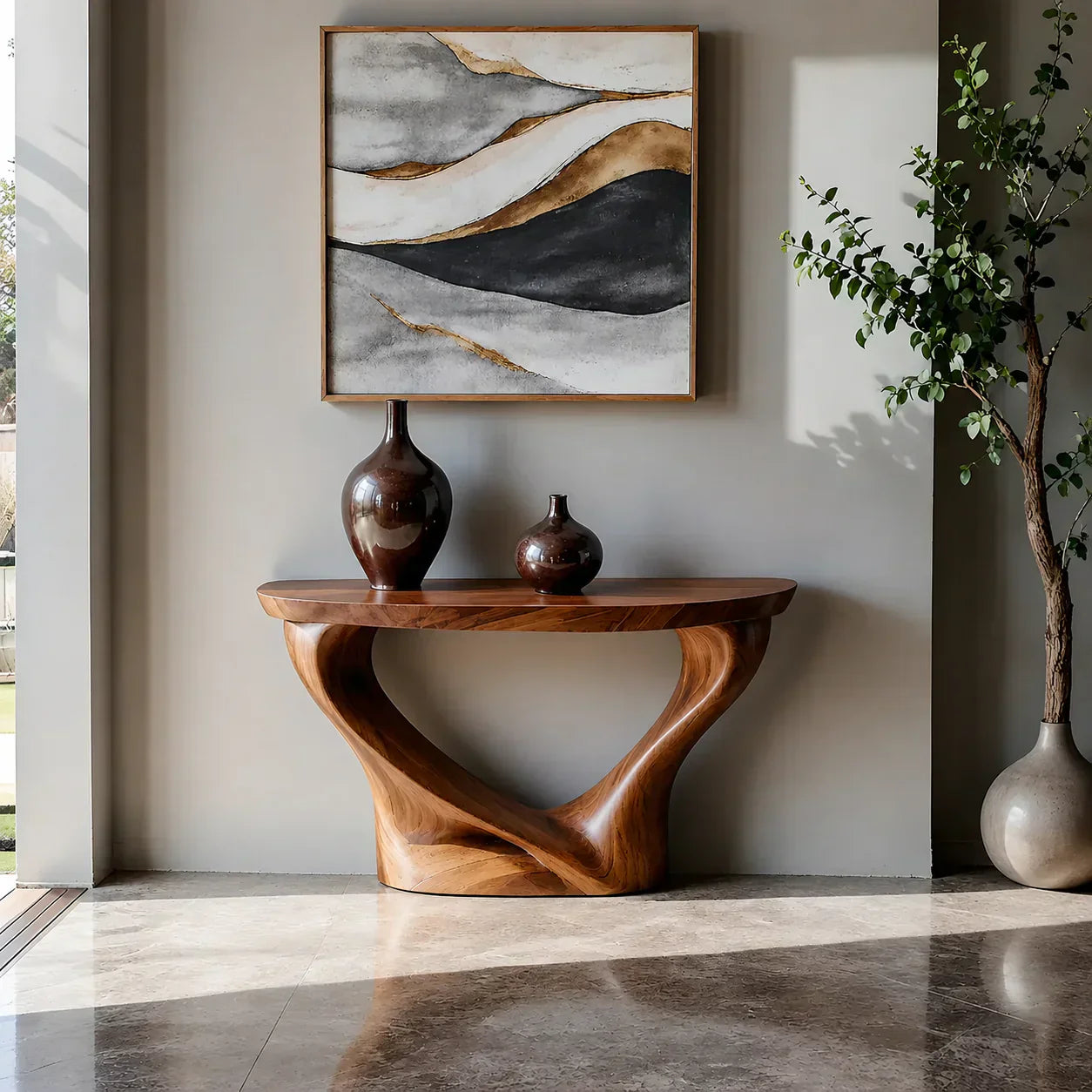 Harmony Arc Walnut Finish Console Table – Handcrafted Elegance - Woodenecho