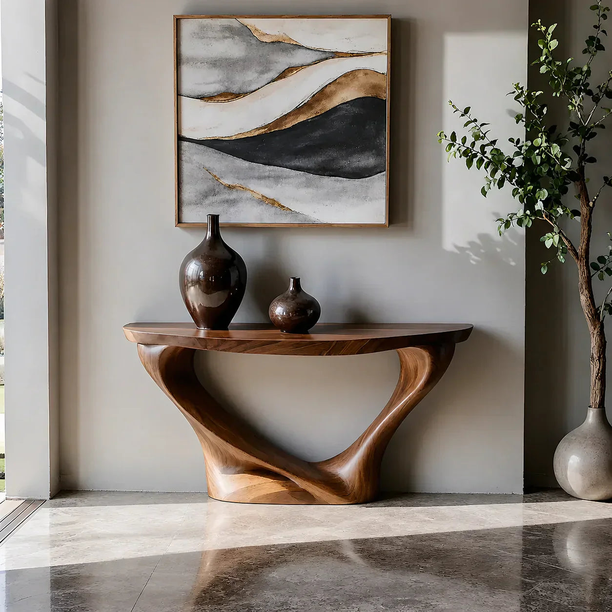 Harmony Arc Walnut Finish Console Table – Handcrafted Elegance - Woodenecho