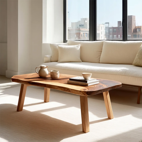 Japandi Live Edge Coffee Table with Straight Legs in Natural Solid Wood - Rustirawood