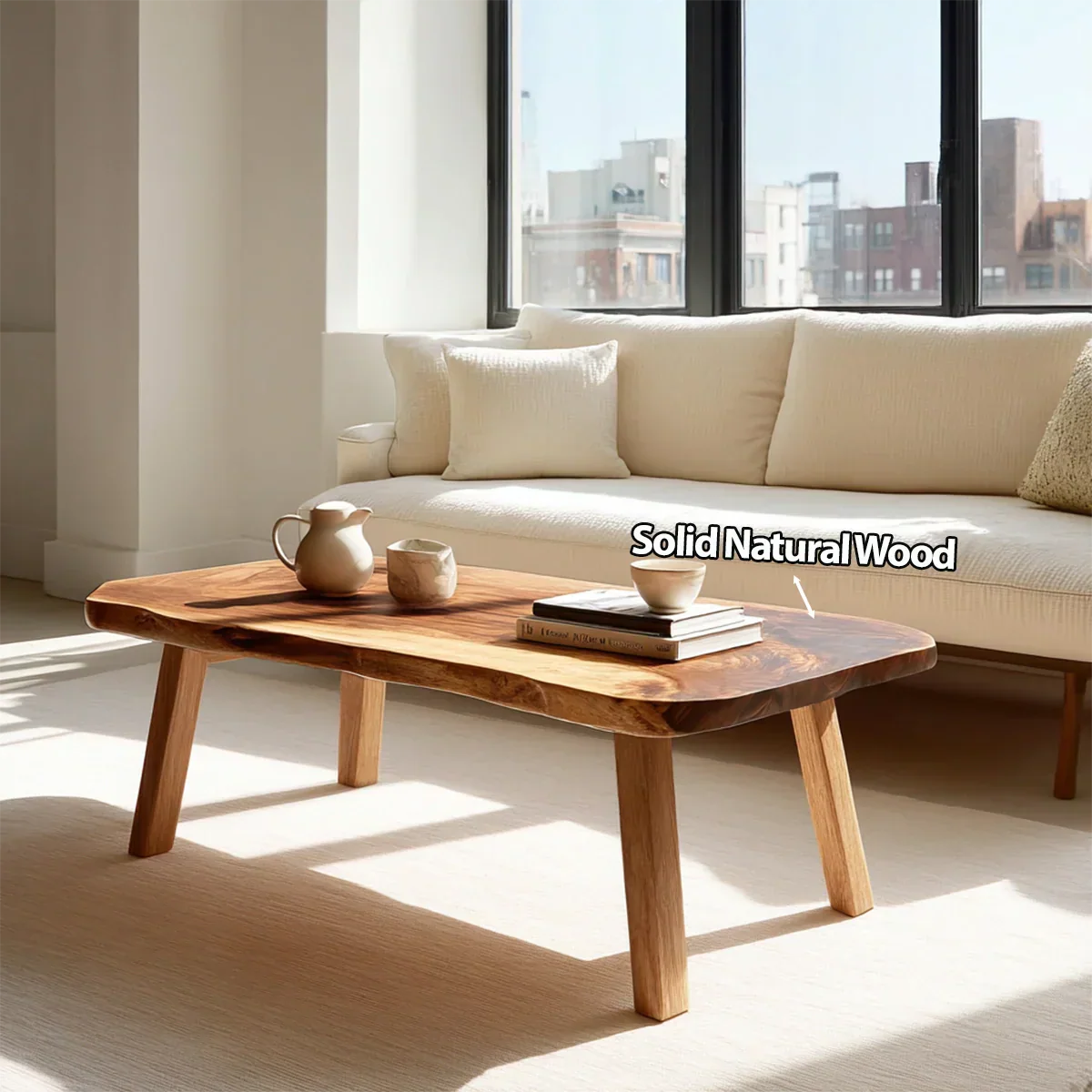 Japandi Live Edge Coffee Table with Straight Legs in Natural Solid Wood - Rustirawood