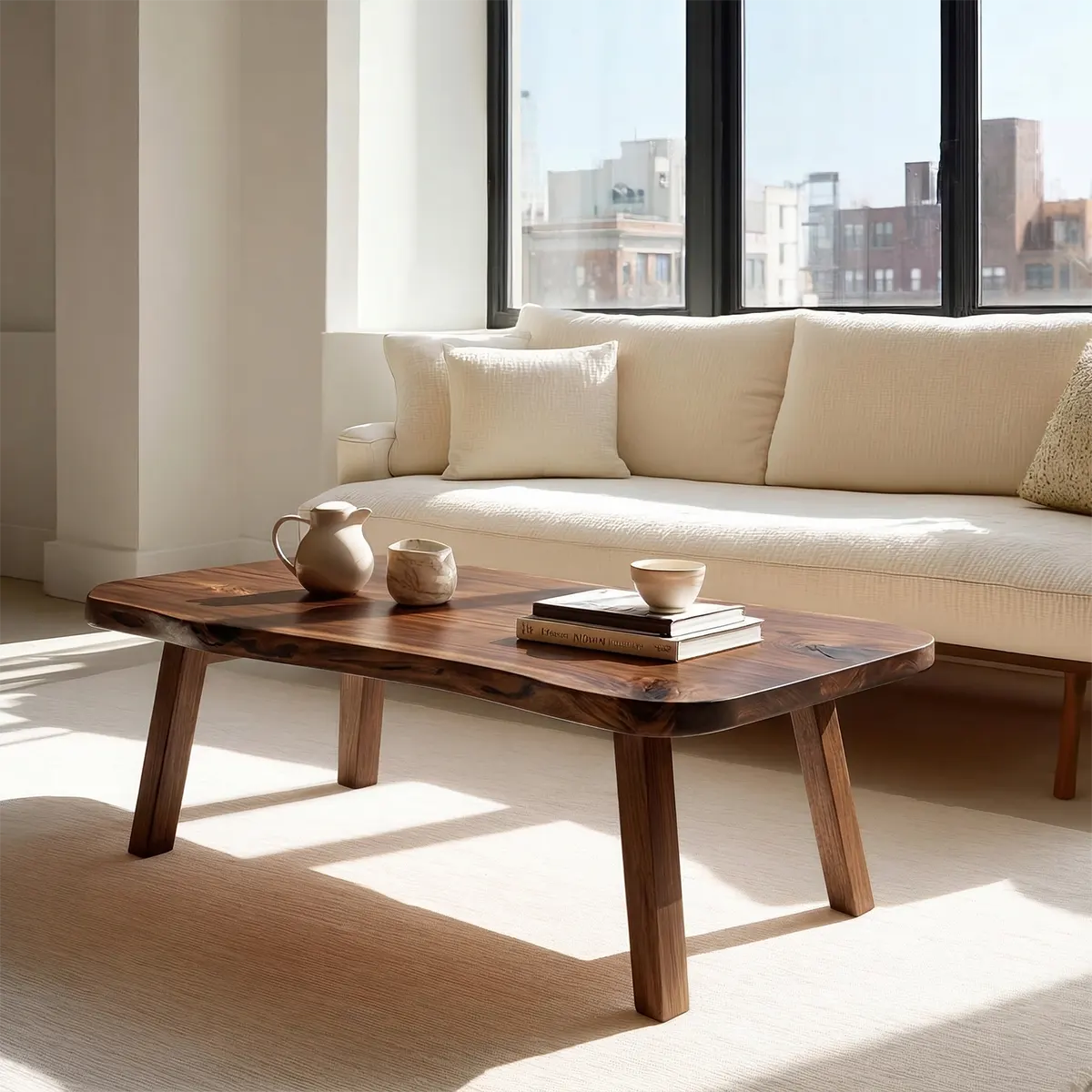 Japandi Live Edge Coffee Table with Straight Legs in Natural Solid Wood - Rustirawood