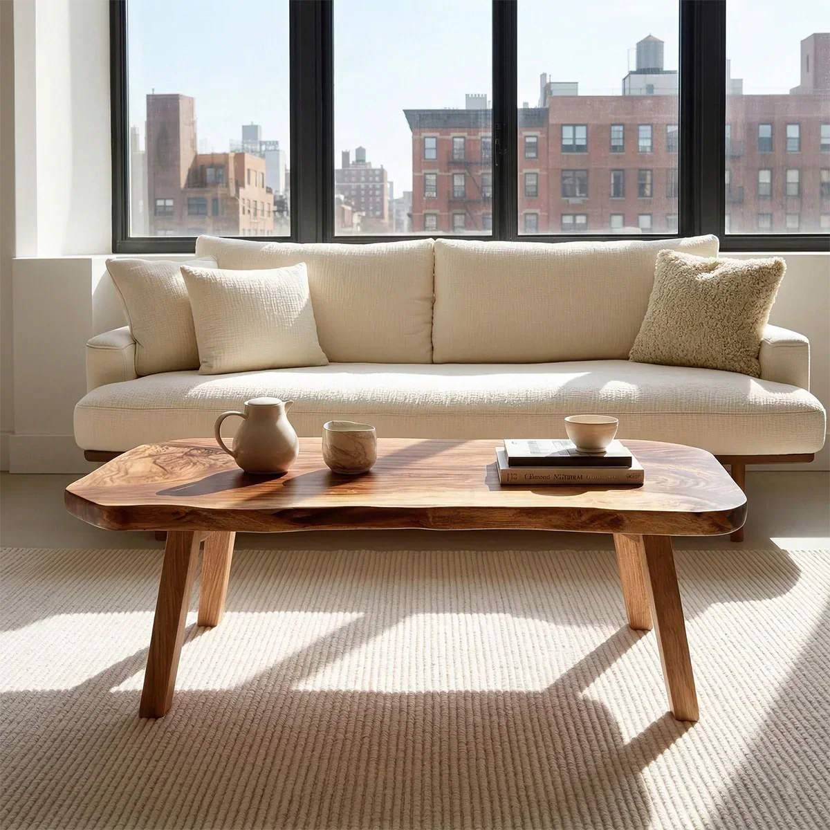 Japandi Live Edge Coffee Table with Straight Legs in Natural Solid Wood - Rustirawood