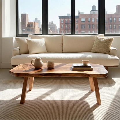 Japandi Live Edge Coffee Table with Straight Legs in Natural Solid Wood - Rustirawood