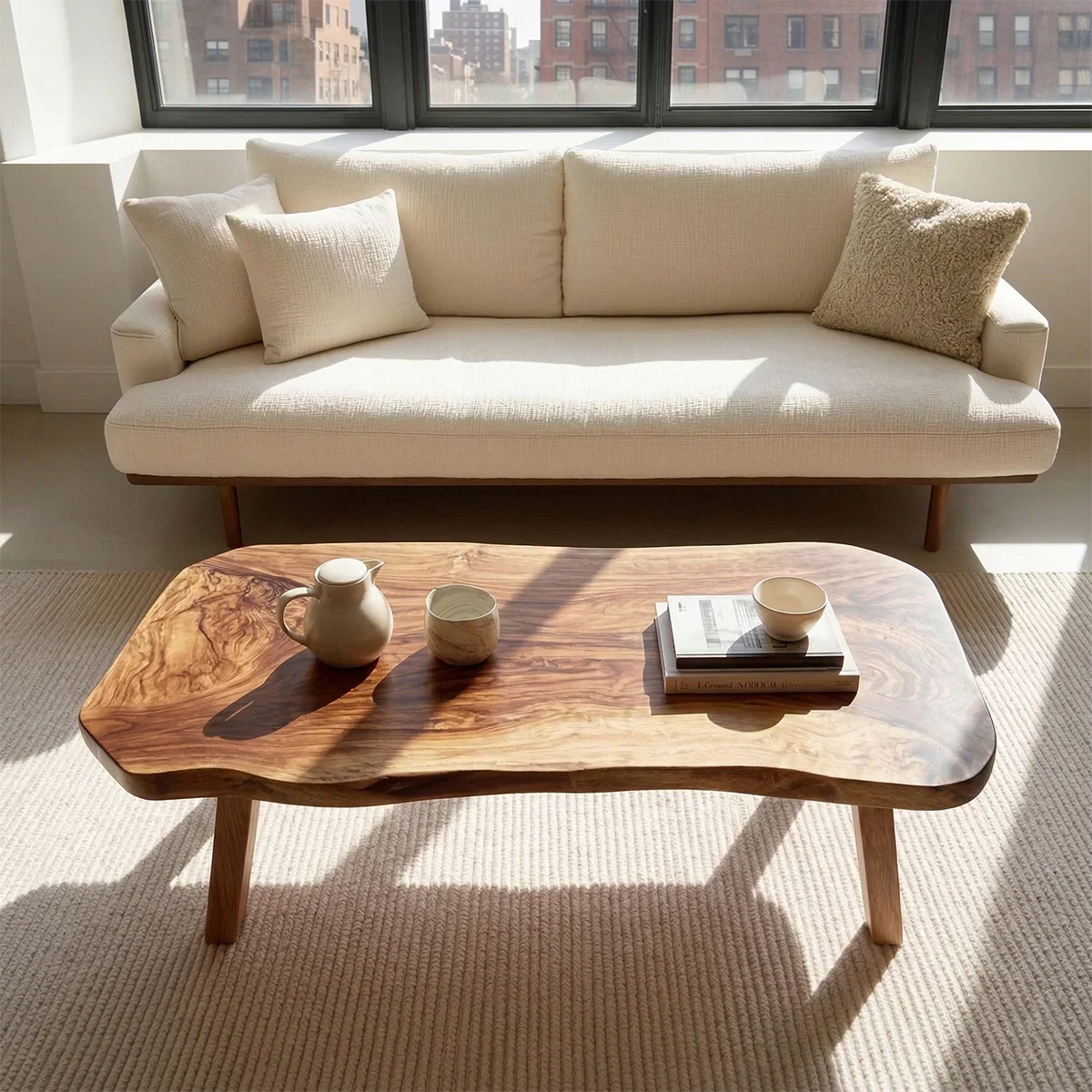 Japandi Live Edge Coffee Table with Straight Legs in Natural Solid Wood - Rustirawood