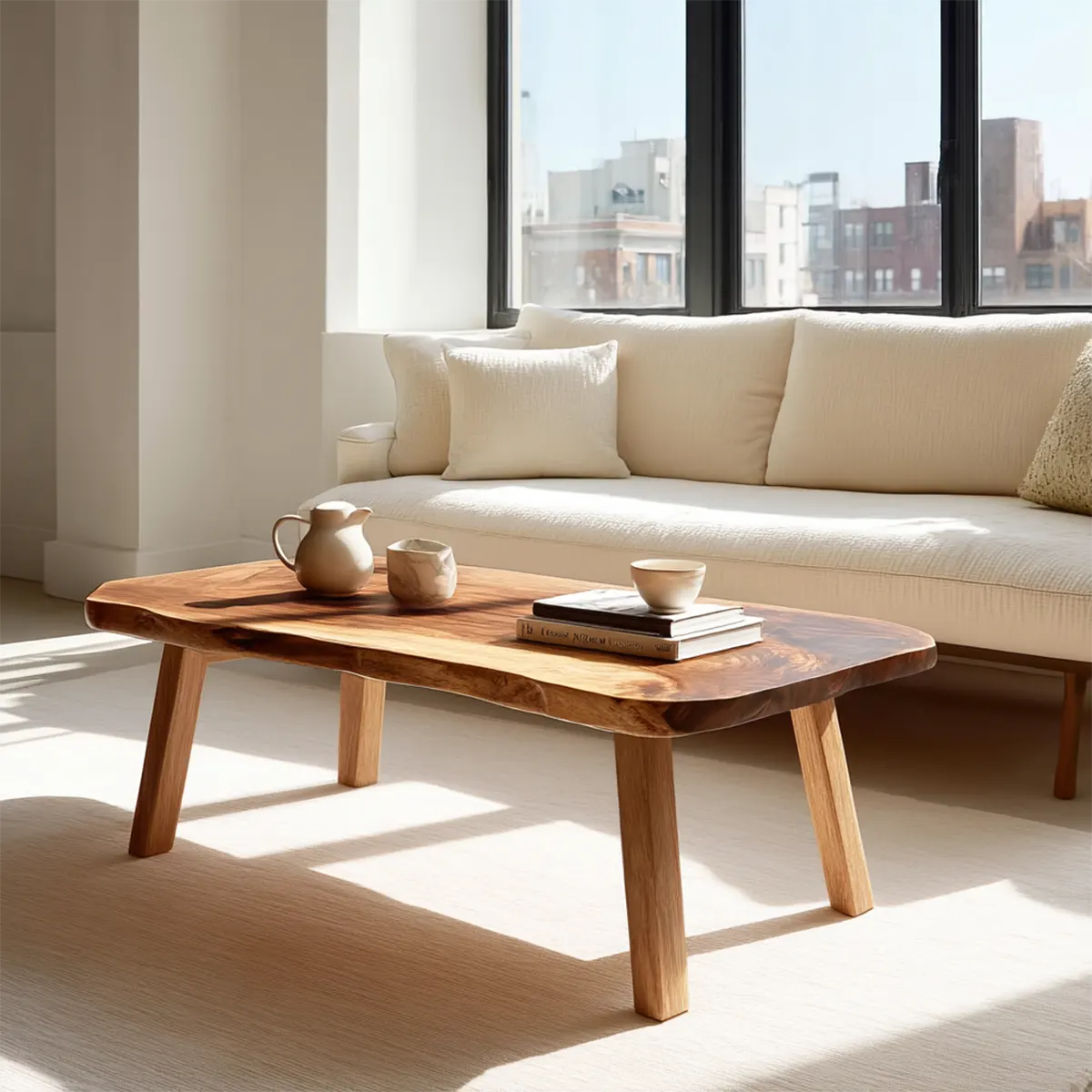 Japandi Live Edge Coffee Table with Straight Legs in Natural Solid Wood - Woodenecho