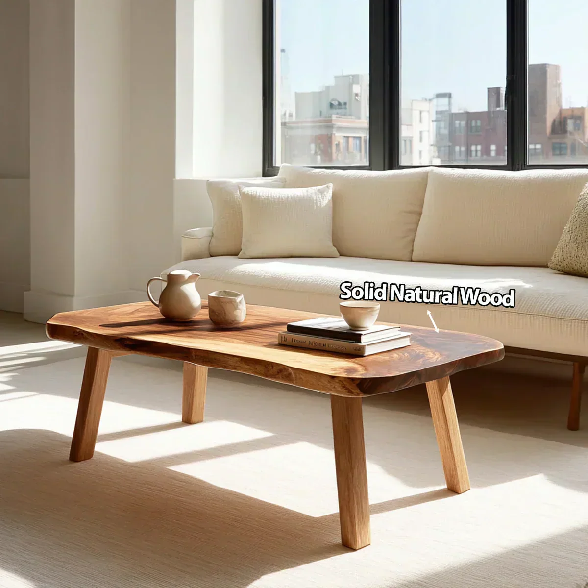 Japandi Live Edge Coffee Table with Straight Legs in Natural Solid Wood - Woodenecho