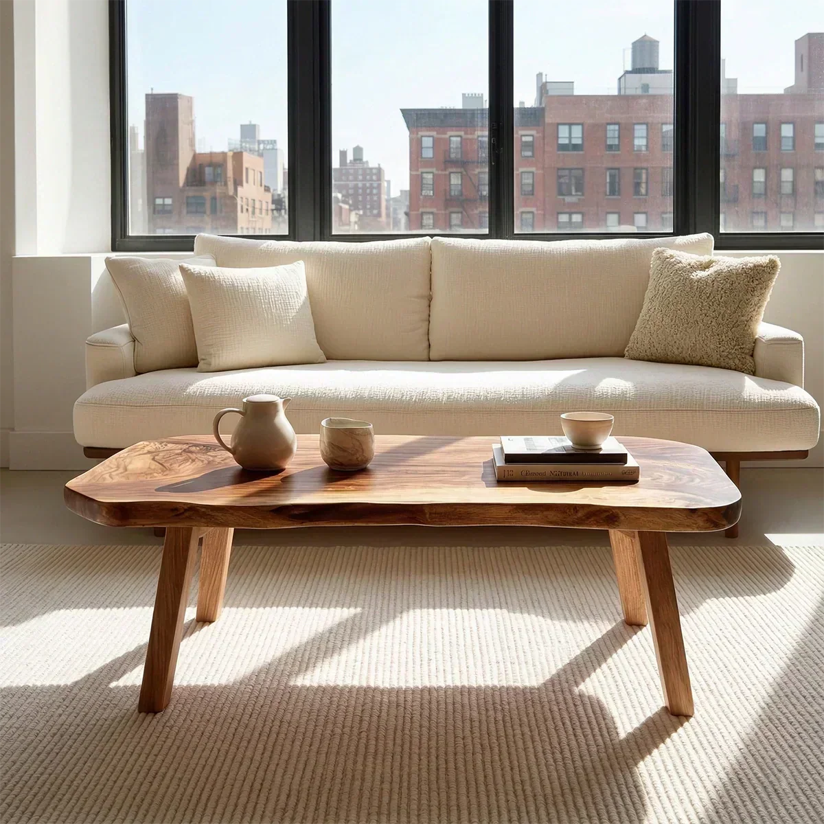 Japandi Live Edge Coffee Table with Straight Legs in Natural Solid Wood - Woodenecho