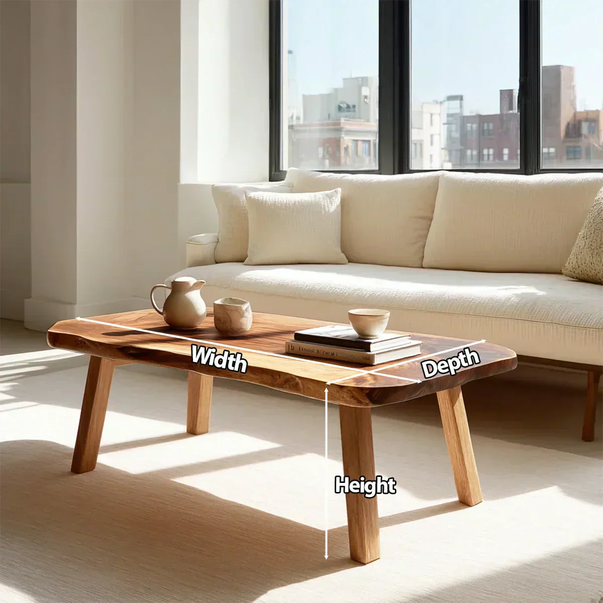Japandi Live Edge Coffee Table with Straight Legs in Natural Solid Wood - Woodenecho