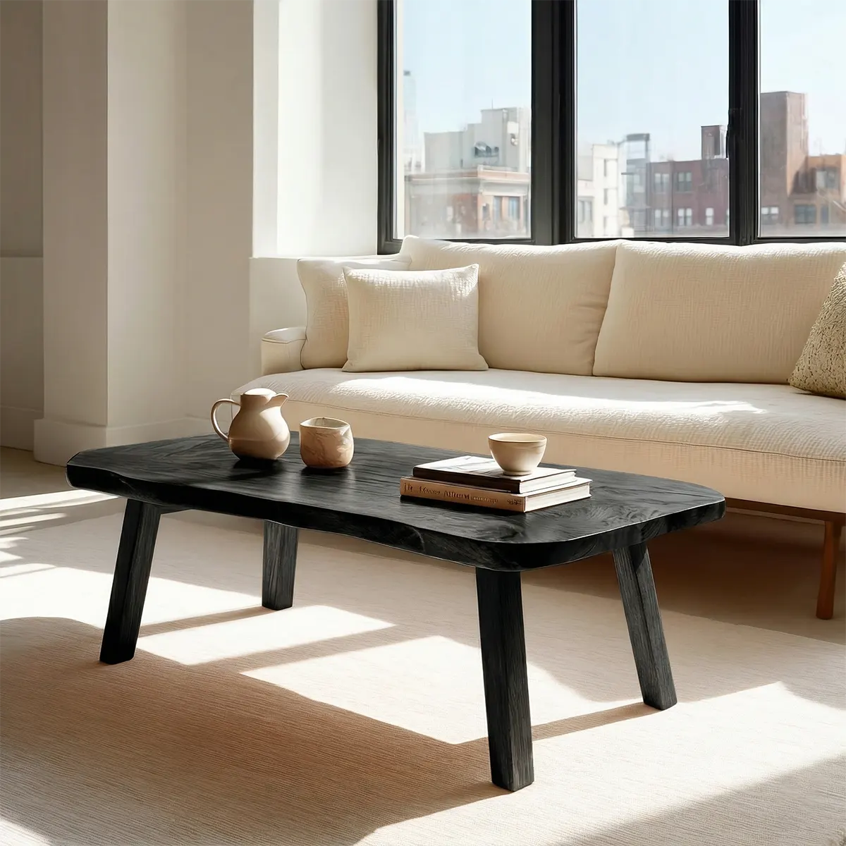 Japandi Live Edge Coffee Table with Straight Legs in Natural Solid Wood - Woodenecho