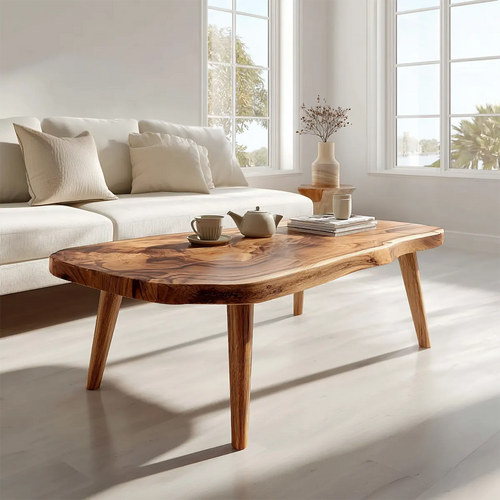 Japandi Live Edge Coffee Table with Tapered Legs in Natural Solid Wood - Rustirawood