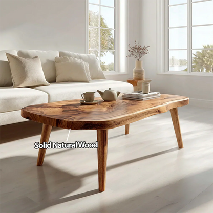Japandi Live Edge Coffee Table with Tapered Legs in Natural Solid Wood - Rustirawood