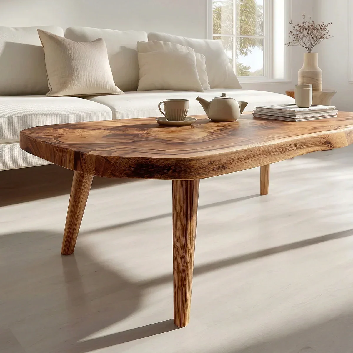 Japandi Live Edge Coffee Table with Tapered Legs in Natural Solid Wood - Rustirawood