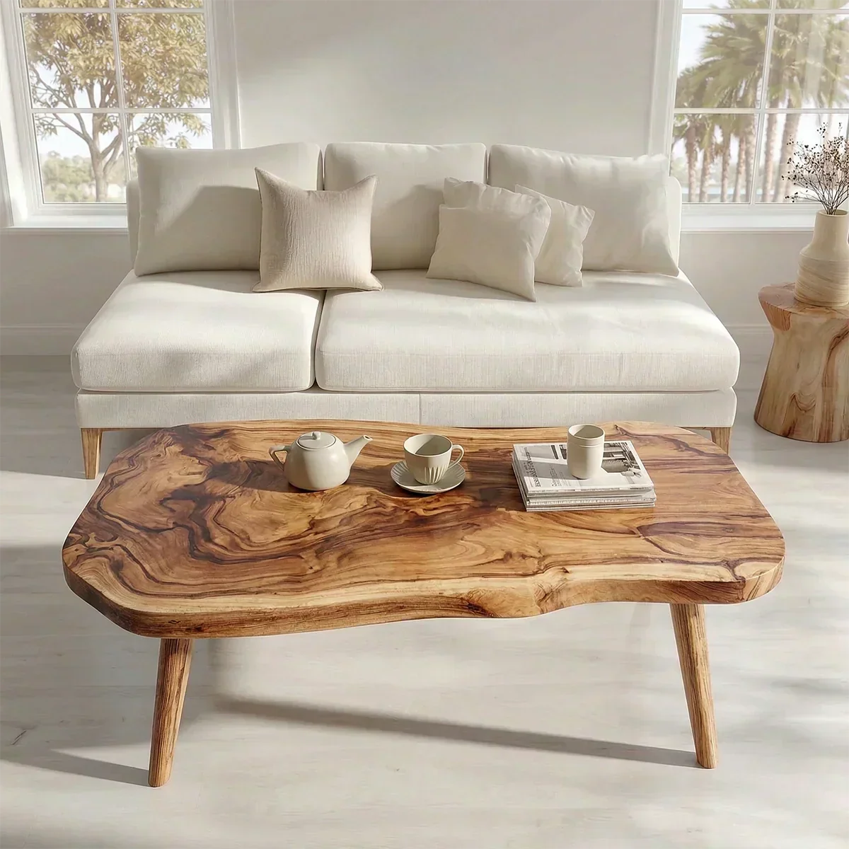 Japandi Live Edge Coffee Table with Tapered Legs in Natural Solid Wood - Woodenecho