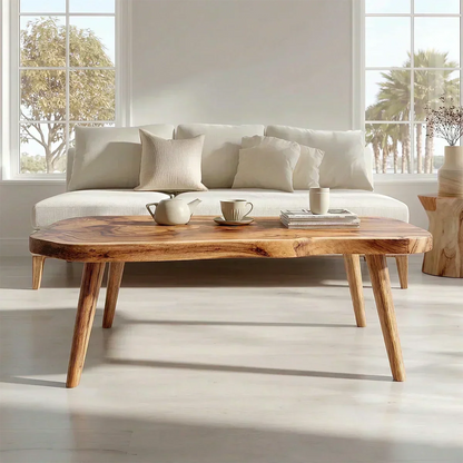 Japandi Live Edge Coffee Table with Tapered Legs in Natural Solid Wood - Woodenecho