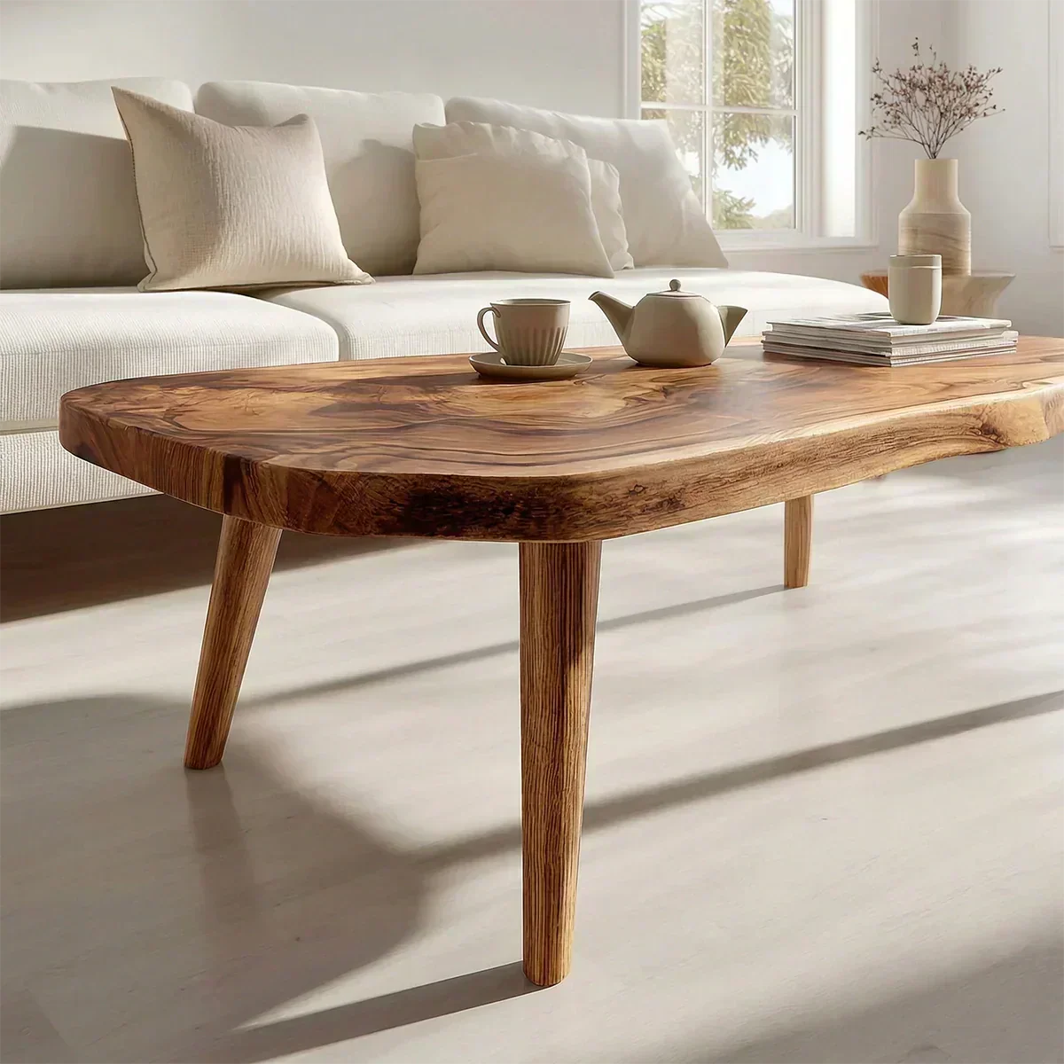 Japandi Live Edge Coffee Table with Tapered Legs in Natural Solid Wood - Woodenecho