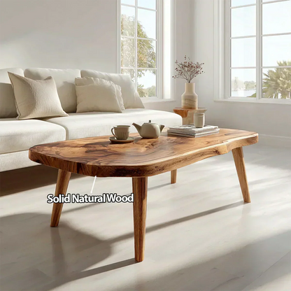 Japandi Live Edge Coffee Table with Tapered Legs in Natural Solid Wood - Woodenecho