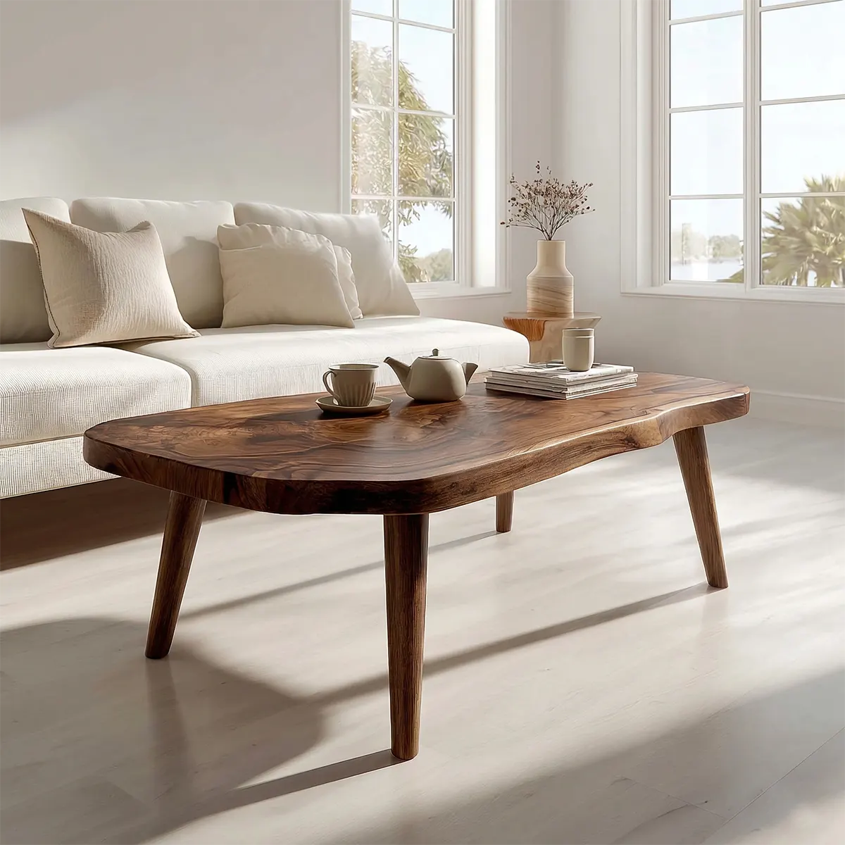 Japandi Live Edge Coffee Table with Tapered Legs in Natural Solid Wood - Woodenecho