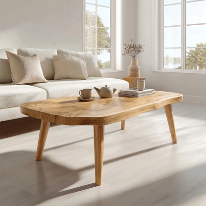 Japandi Live Edge Coffee Table with Tapered Legs in Natural Solid Wood - Woodenecho