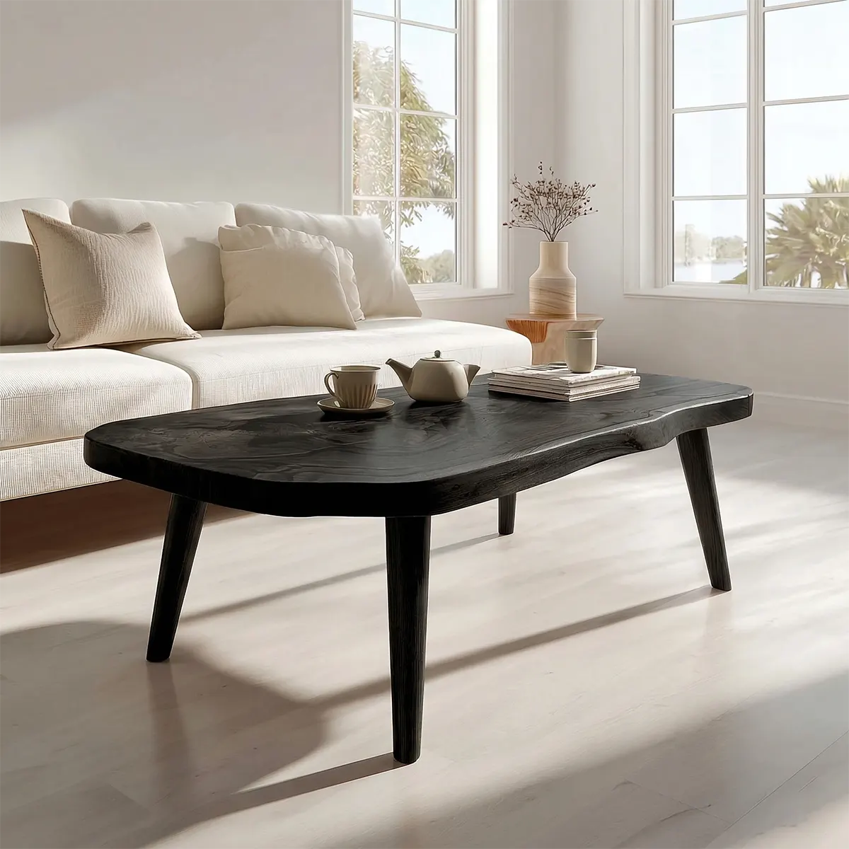 Japandi Live Edge Coffee Table with Tapered Legs in Natural Solid Wood - Woodenecho
