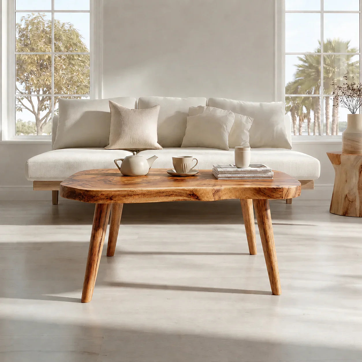 Japandi Live Edge Coffee Table with Tapered Legs in Natural Solid Wood - Woodenecho