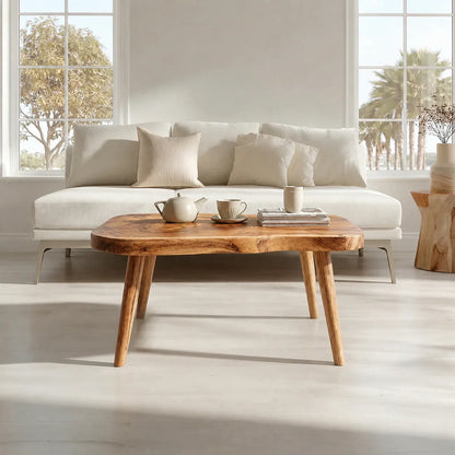 Japandi Live Edge Coffee Table with Tapered Legs in Natural Solid Wood - Woodenecho