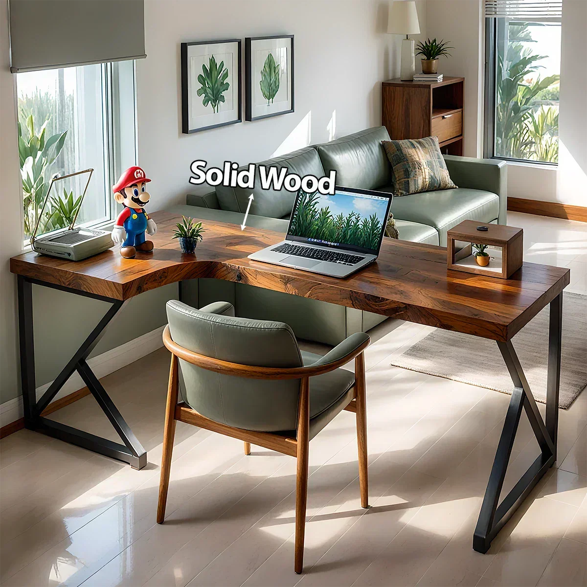 L-Shaped Solid Wood Desk with Steel Z-Frame - Rustirawood