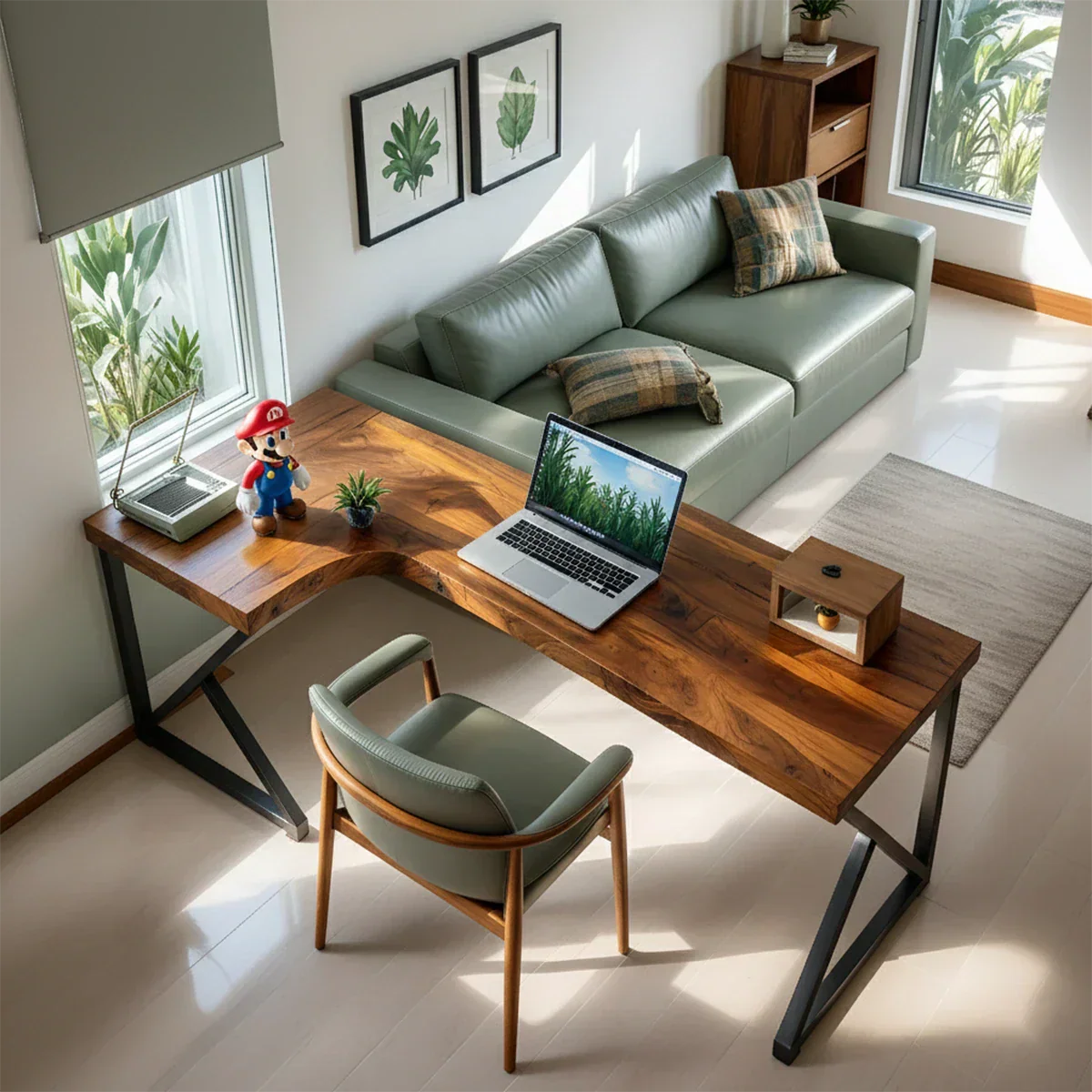 L-Shaped Solid Wood Desk with Steel Z-Frame - Rustirawood
