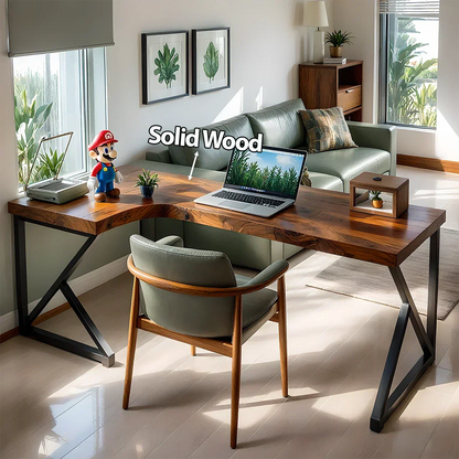 L-Shaped Solid Wood Desk with Steel Z-Frame - Woodenecho
