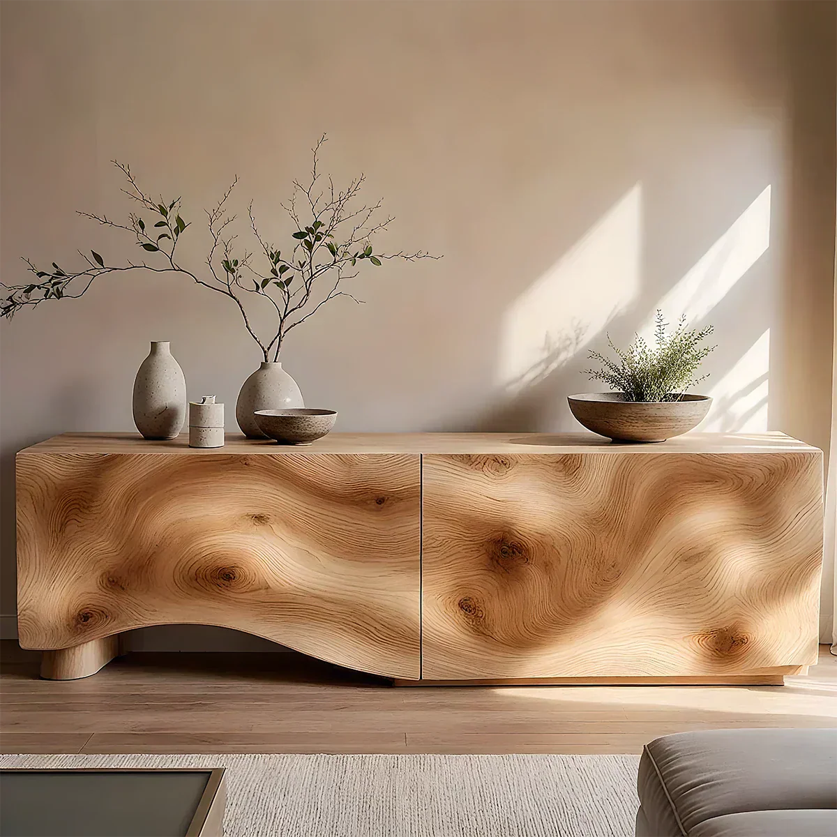 Light Burl Wave Solid Wood TV Console – Minimal Organic Design - Rustirawood