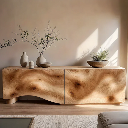 Light Burl Wave Solid Wood TV Console – Minimal Organic Design - Rustirawood