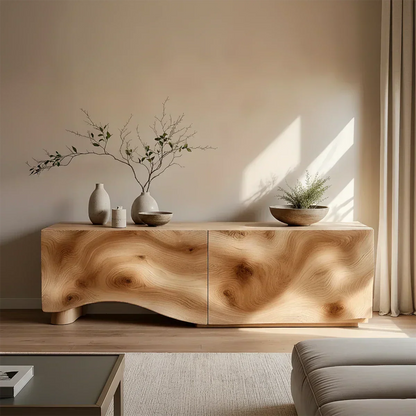 Light Burl Wave Solid Wood TV Console – Minimal Organic Design - Rustirawood