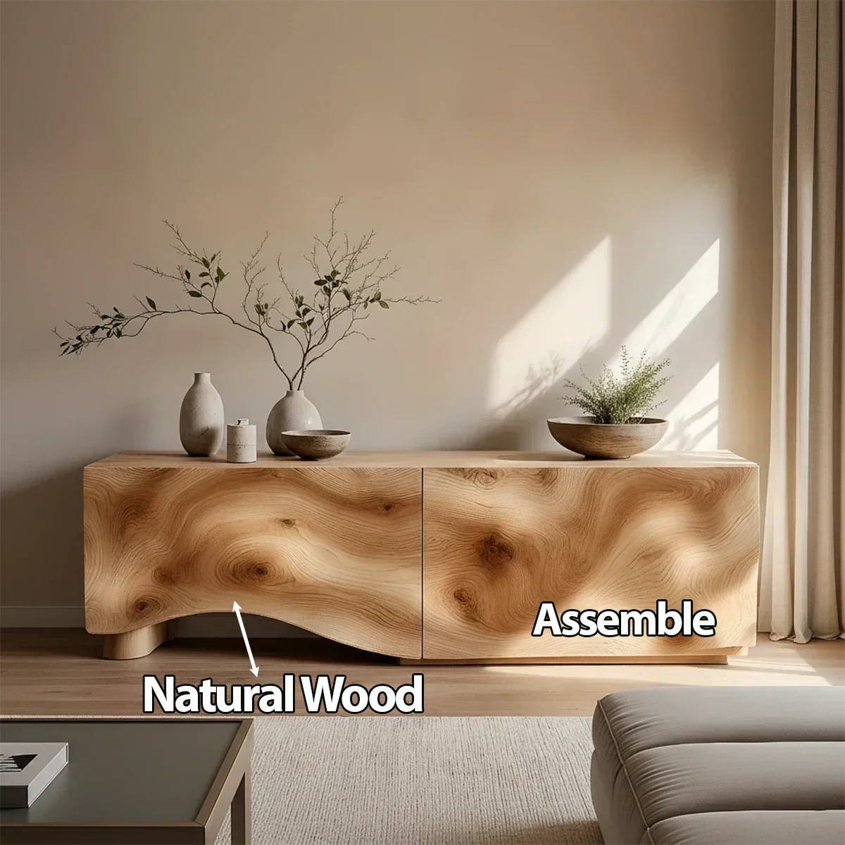 Light Burl Wave Solid Wood TV Console – Minimal Organic Design - Rustirawood